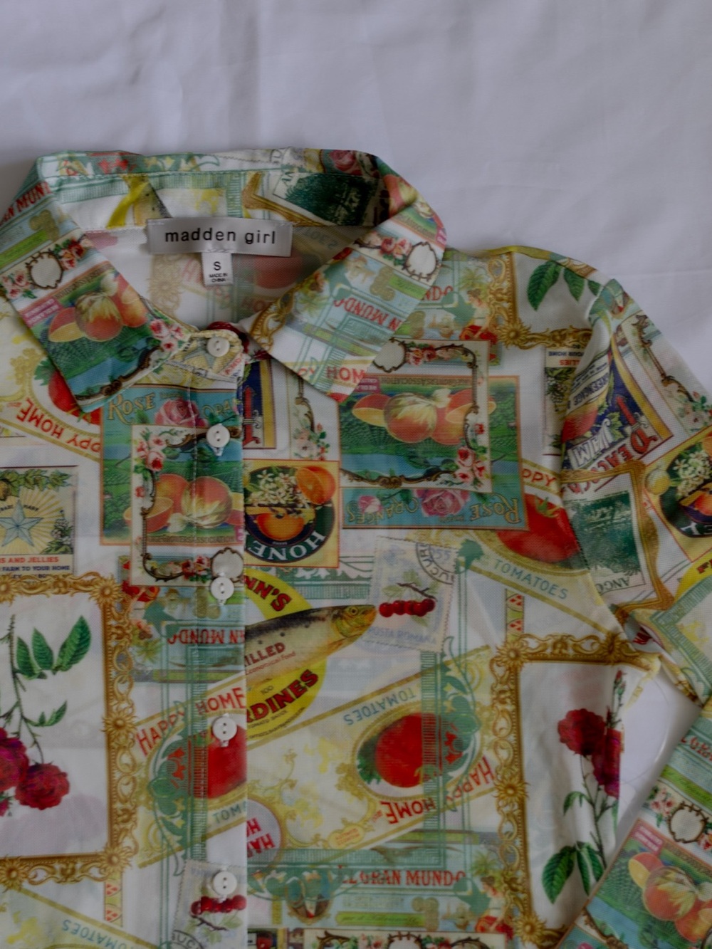 Madden Girl Collage Print Button-Up Shirt - White, Green, Red, Yellow - Picture 2 of 6